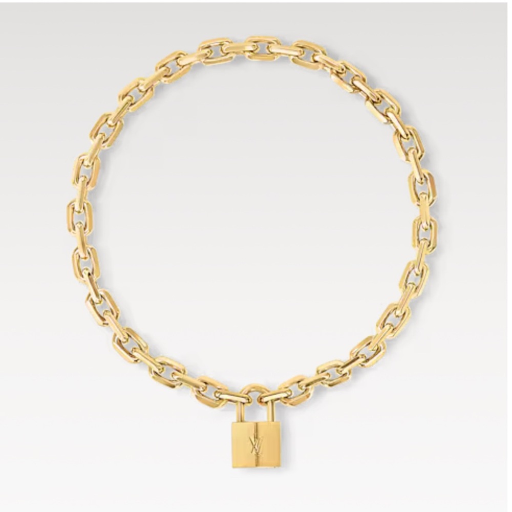 Louis Vuitton Gold Paperclip Necklace with Padlock Charm
